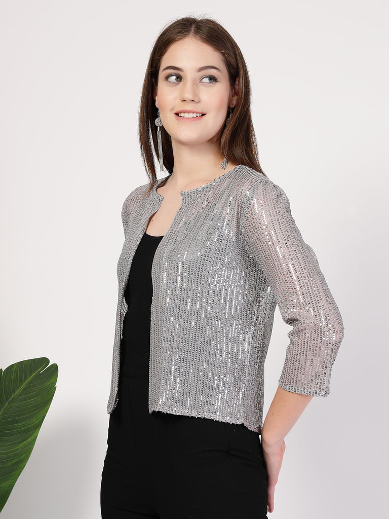 Style Quotient Women Silver Grey Sequins shrug-Shrug-StyleQuotient