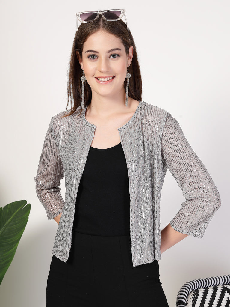 Style Quotient Women Silver Grey Sequins shrug-Shrug-StyleQuotient