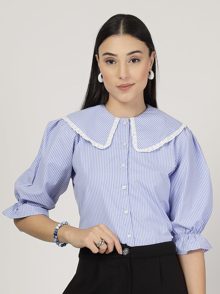Style Quotient Women Stripe Blue White Polycotton Formal Shirt-Shirts-StyleQuotient
