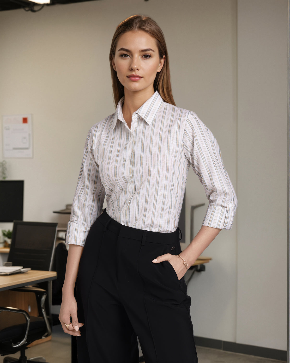 Style Quotient Women White and Grey Stripe Polycotton Regular Fit Formal Shirt-Shirts-StyleQuotient