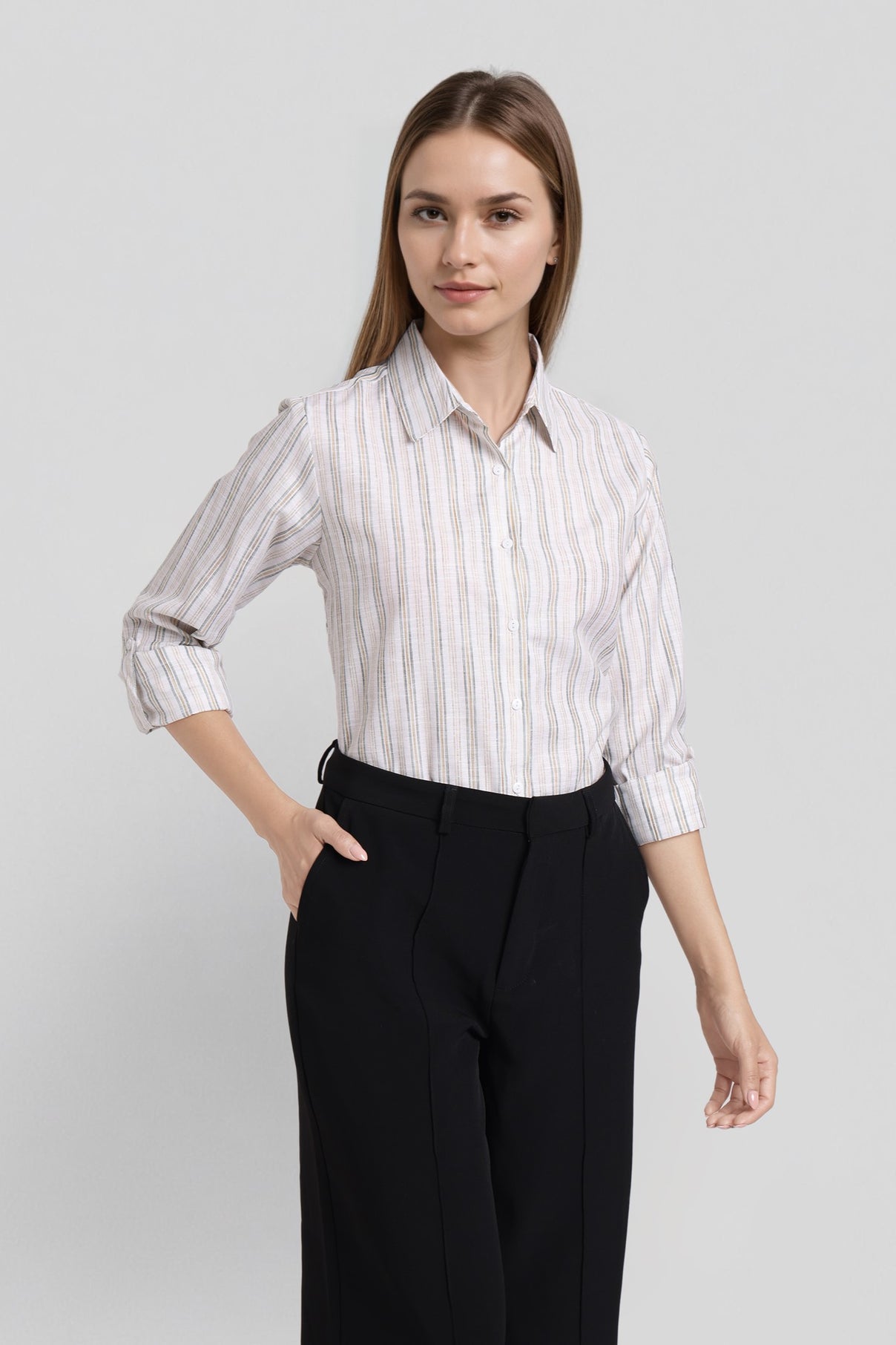 Style Quotient Women White and Grey Stripe Polycotton Regular Fit Formal Shirt-Shirts-StyleQuotient