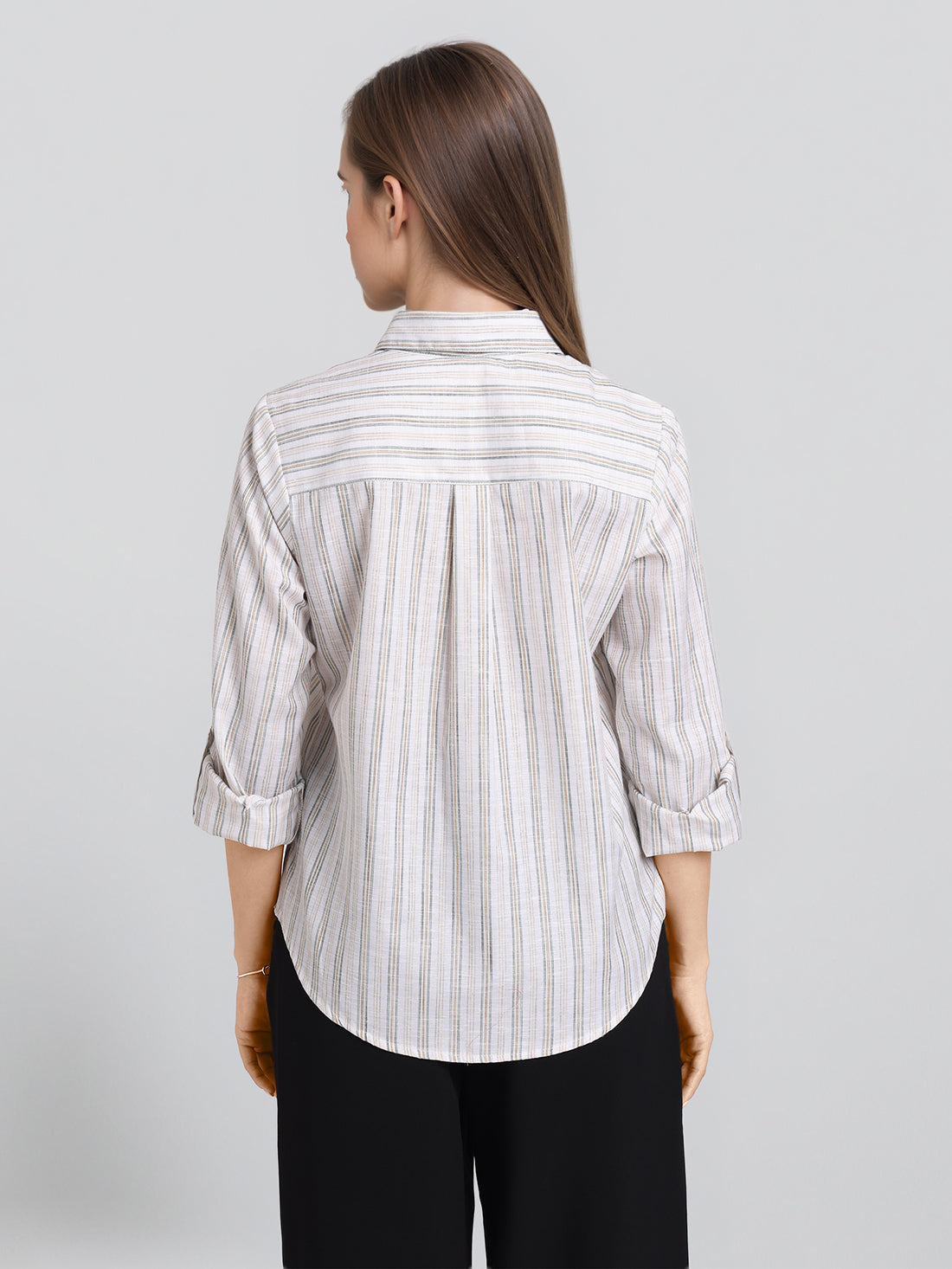 Style Quotient Women White and Grey Stripe Polycotton Regular Fit Formal Shirt-Shirts-StyleQuotient