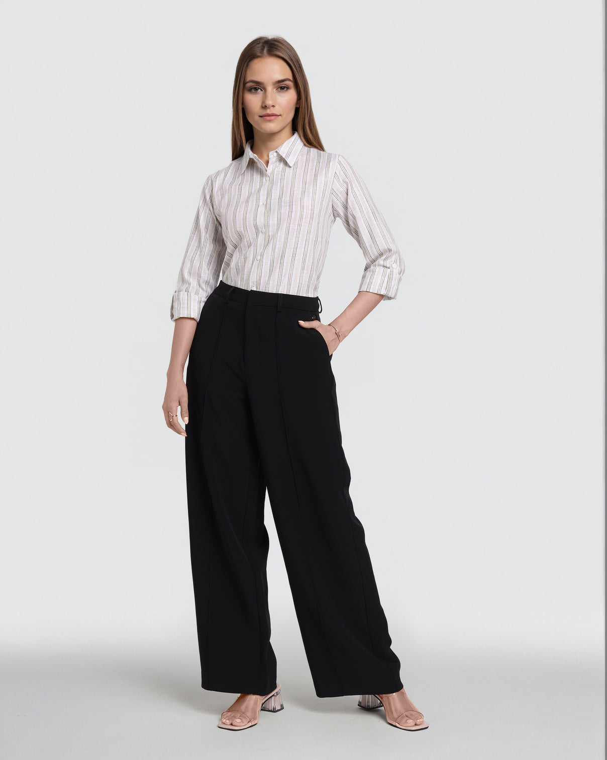 Style Quotient Women White and Grey Stripe Polycotton Regular Fit Formal Shirt-Shirts-StyleQuotient