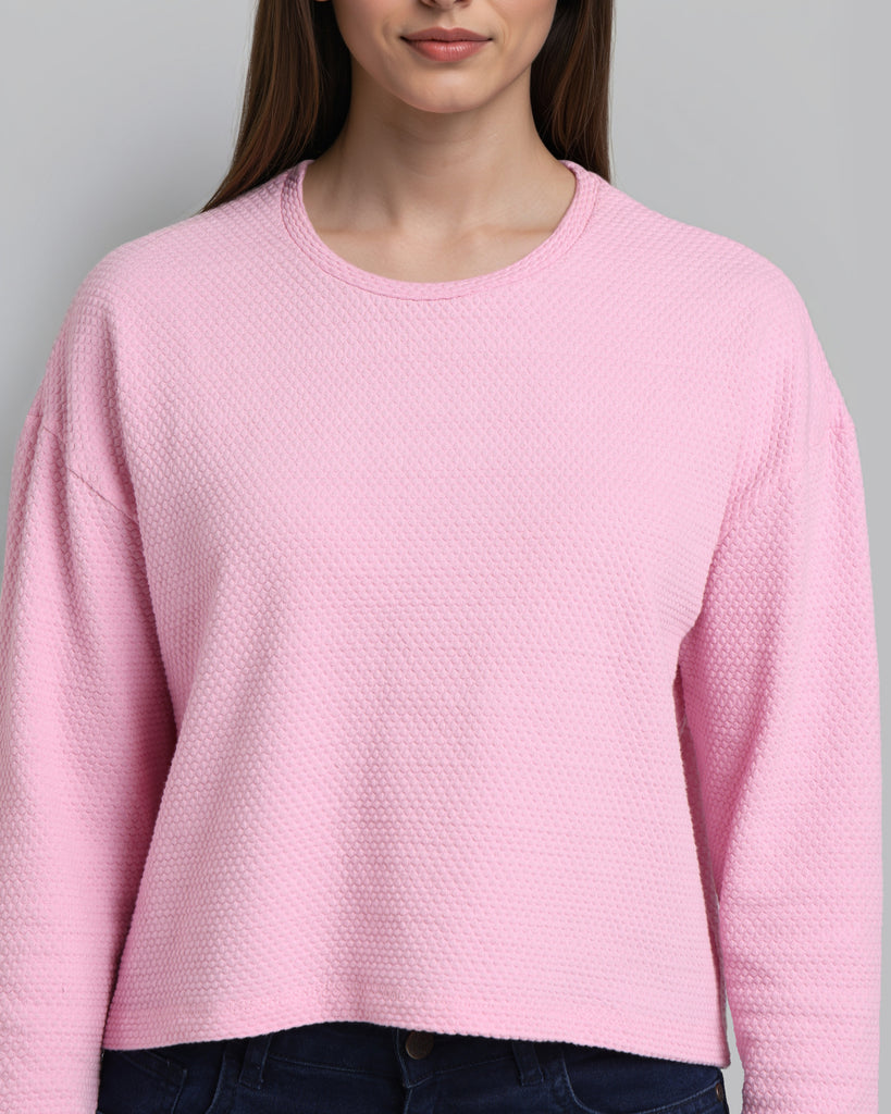 Style Quotient Women Solid Pink Self Design Polyknit Smart Casual Top-Tops-StyleQuotient