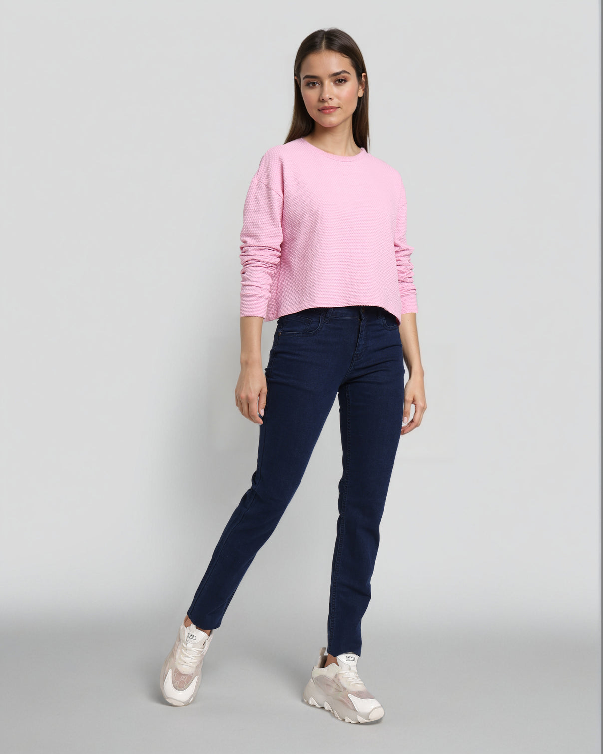 Style Quotient Women Solid Pink Self Design Polyknit Smart Casual Top-Tops-StyleQuotient