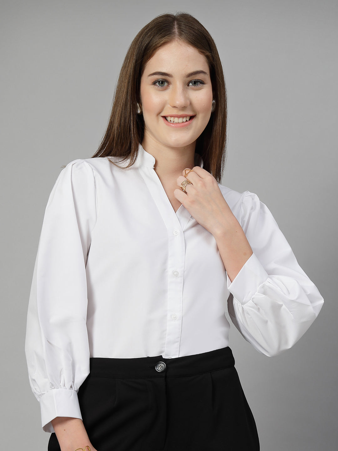 Style Quotient Women Solid White Polycotton Formal V Neck Shirt-Shirts-StyleQuotient