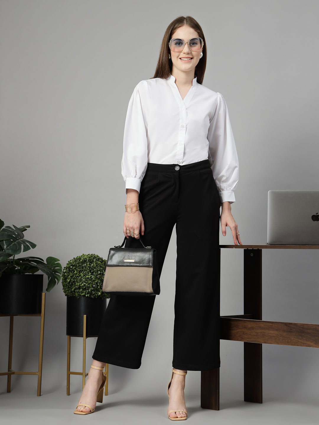 Style Quotient Women Solid White Polycotton Formal V Neck Shirt-Shirts-StyleQuotient
