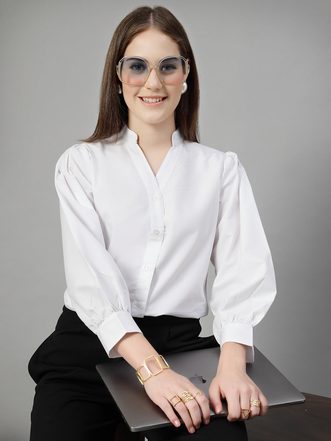 Style Quotient Women Solid White Polycotton Formal V Neck Shirt-Shirts-StyleQuotient