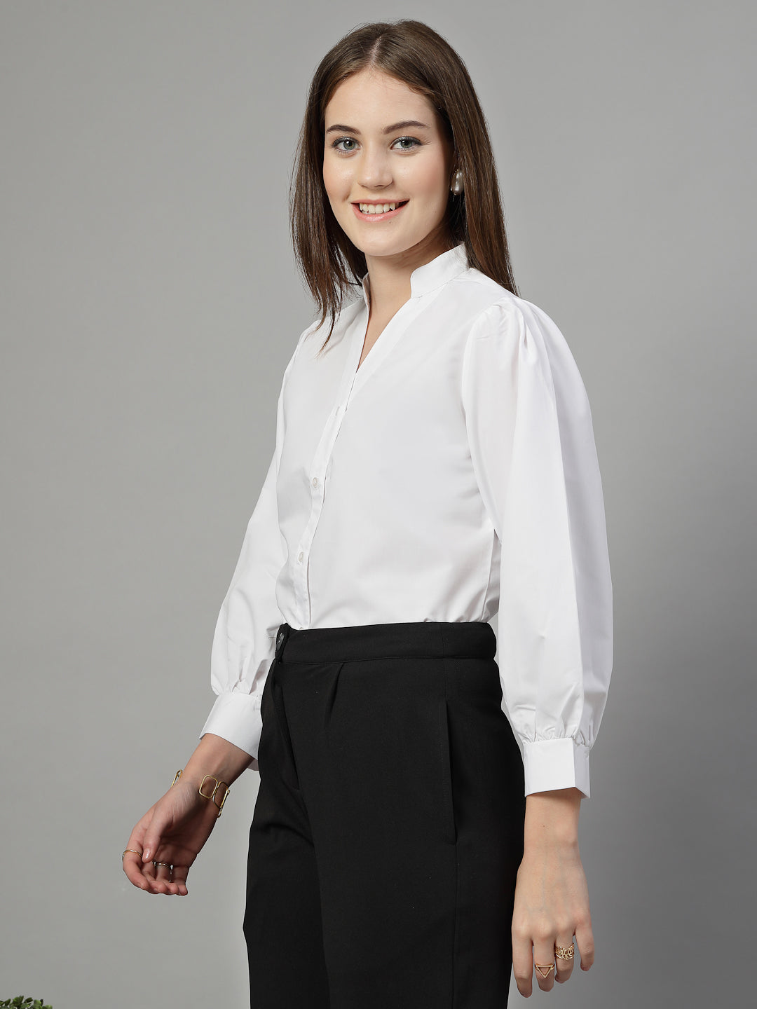 Style Quotient Women Solid White Polycotton Formal V Neck Shirt-Shirts-StyleQuotient