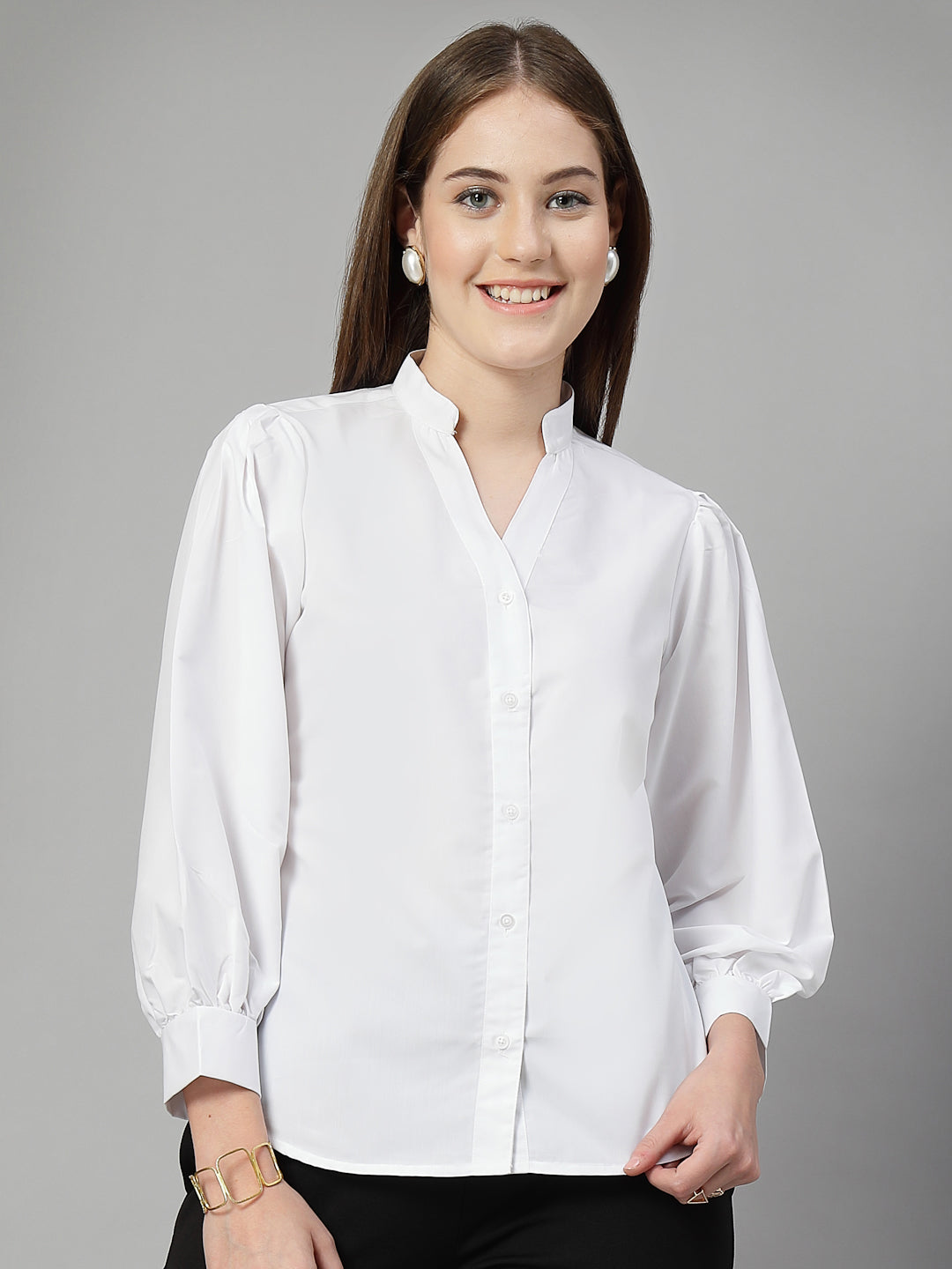 Style Quotient Women Solid White Polycotton Formal V Neck Shirt-Shirts-StyleQuotient