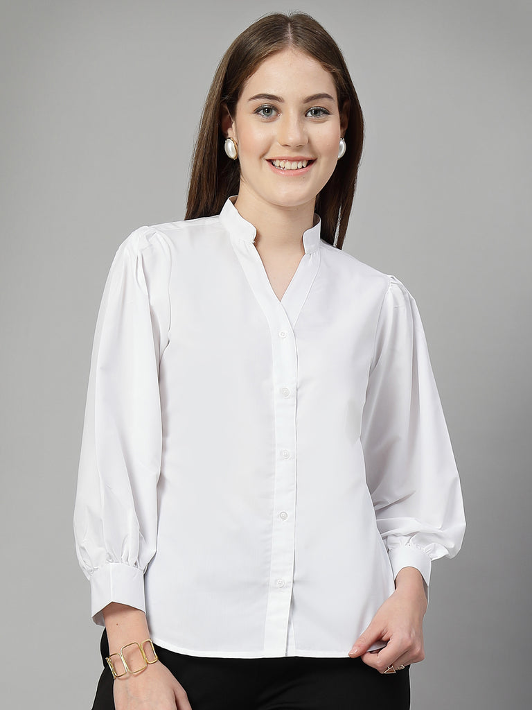 Style Quotient Women Solid White Polycotton Formal V Neck Shirt-Shirts-StyleQuotient