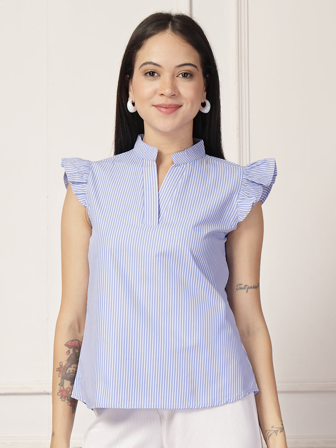 Style Quotient Women polycotton blue and white stripe shirt-Tops-StyleQuotient