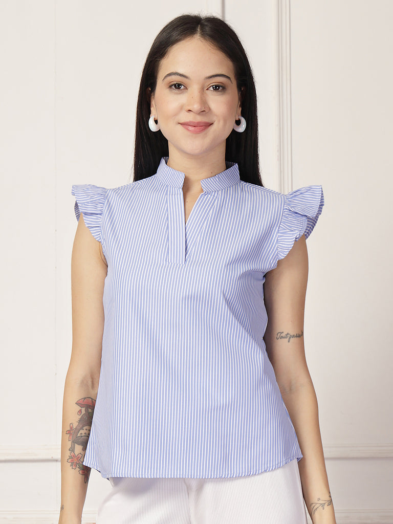 Style Quotient Women polycotton blue and white stripe shirt-Tops-StyleQuotient