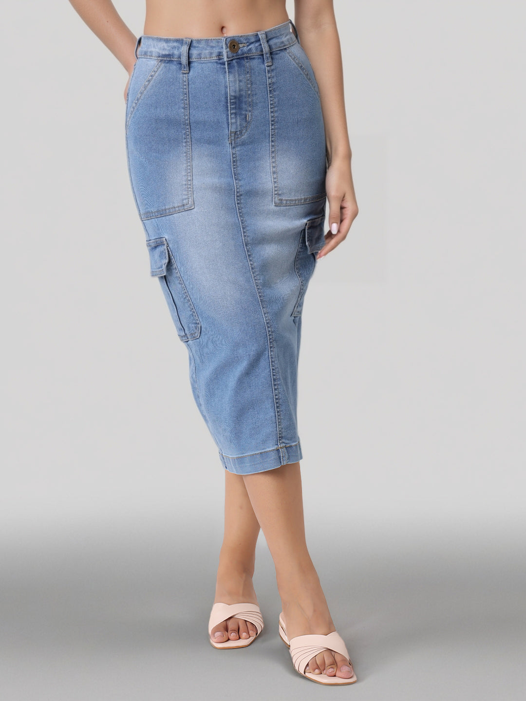 Style Quotient Women Mid Blue A-Line Cargo Midi Skirt-Skirts-StyleQuotient