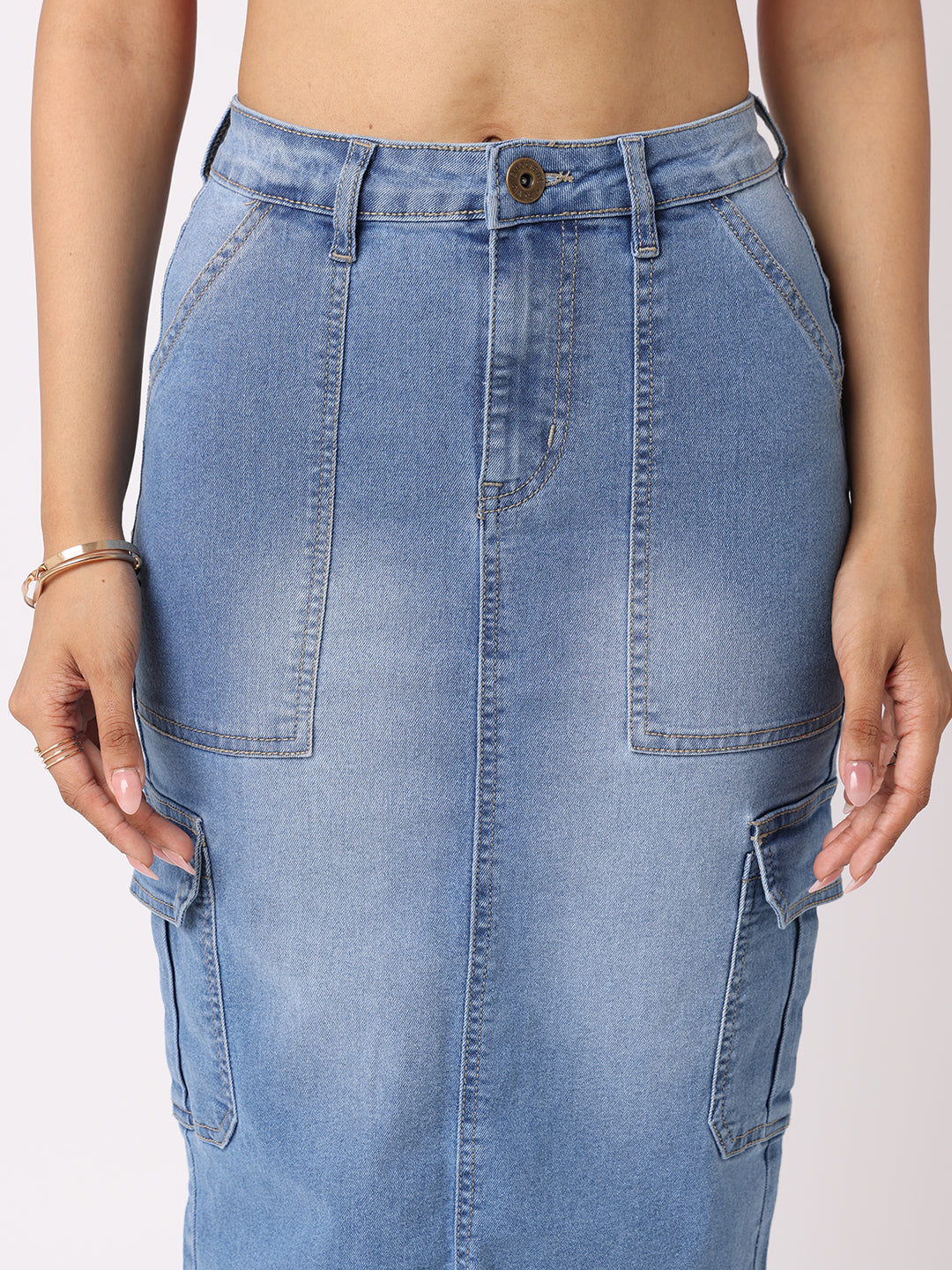 Style Quotient Women Mid Blue A-Line Cargo Midi Skirt-Skirts-StyleQuotient
