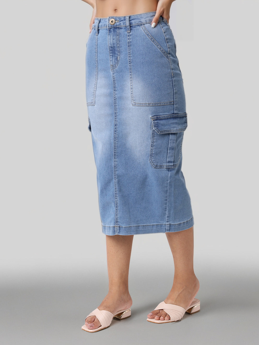 Style Quotient Women Mid Blue A-Line Cargo Midi Skirt-Skirts-StyleQuotient