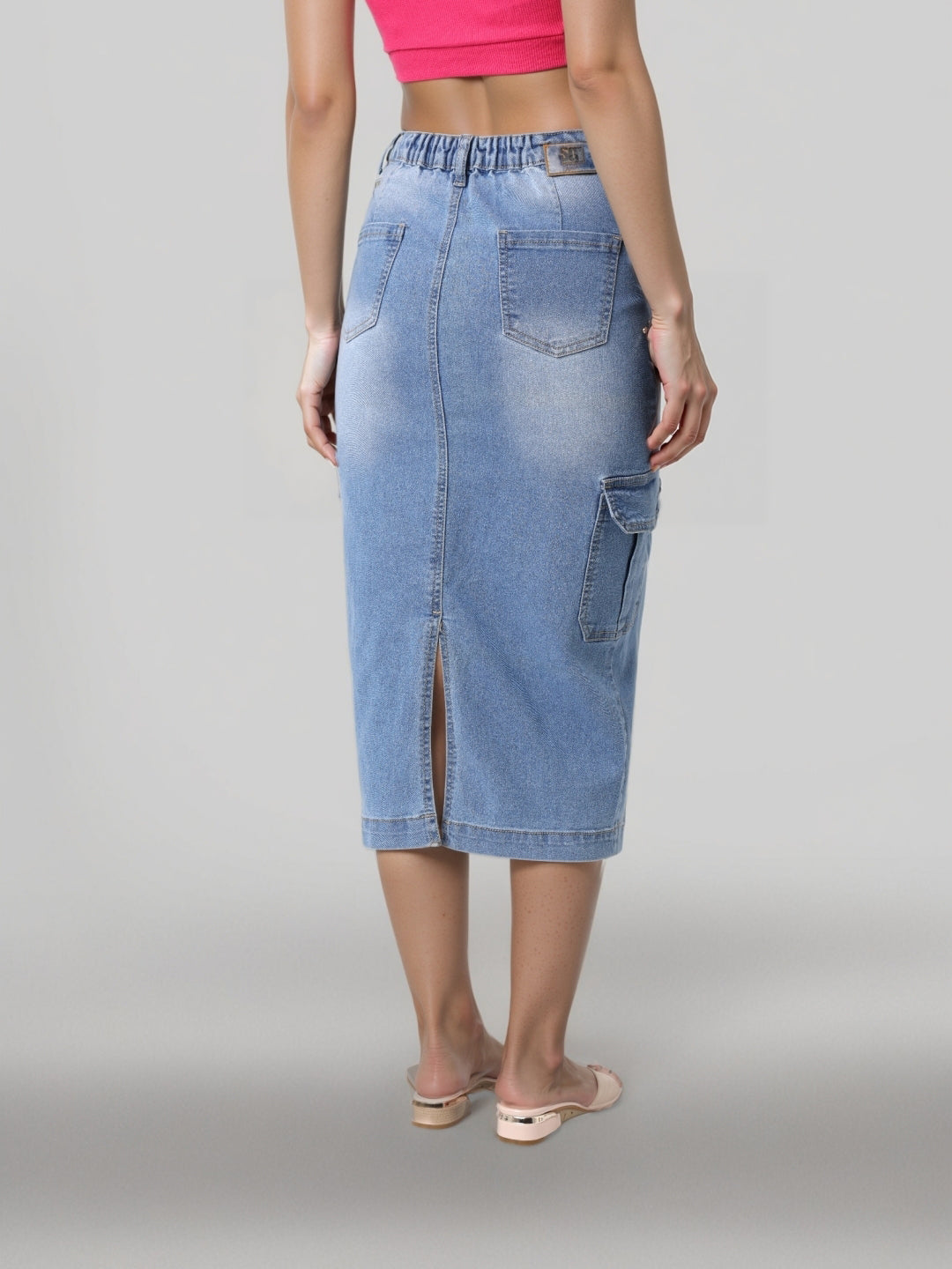 Style Quotient Women Mid Blue A-Line Cargo Midi Skirt-Skirts-StyleQuotient