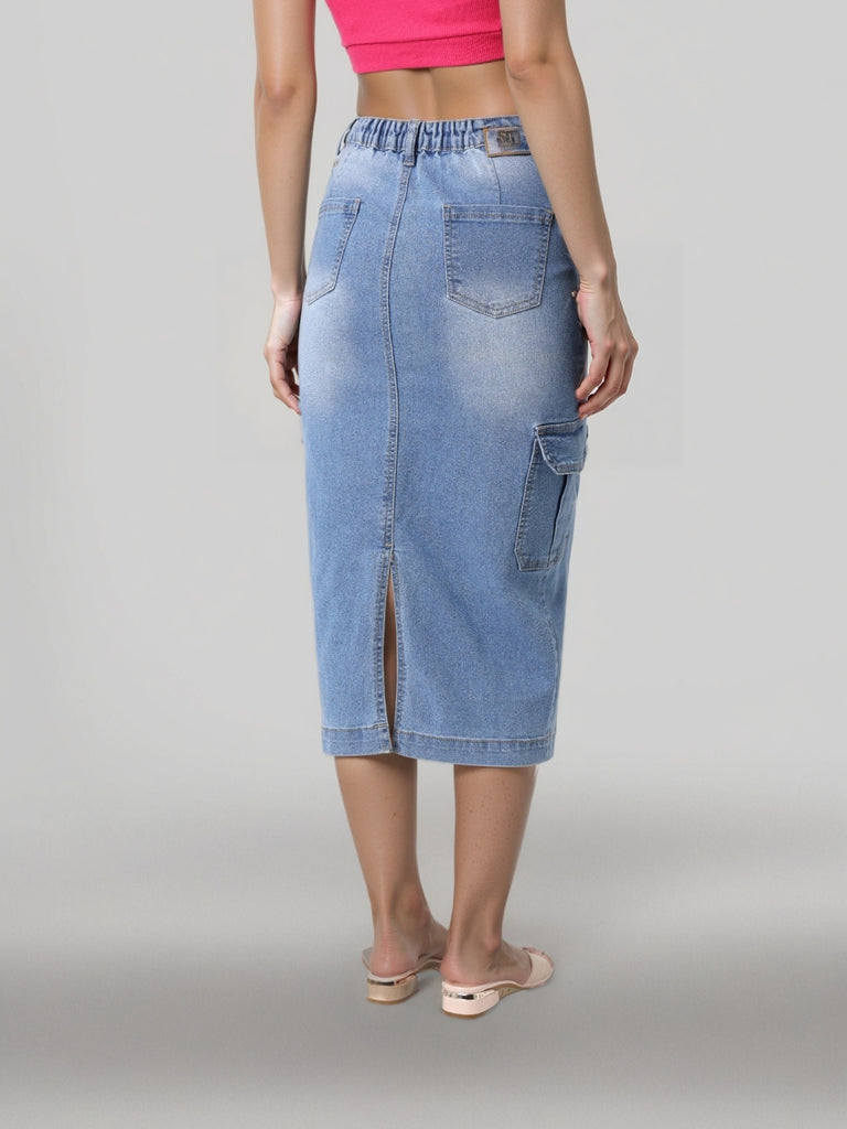 Style Quotient Women Mid Blue A-Line Cargo Midi Skirt-Skirts-StyleQuotient