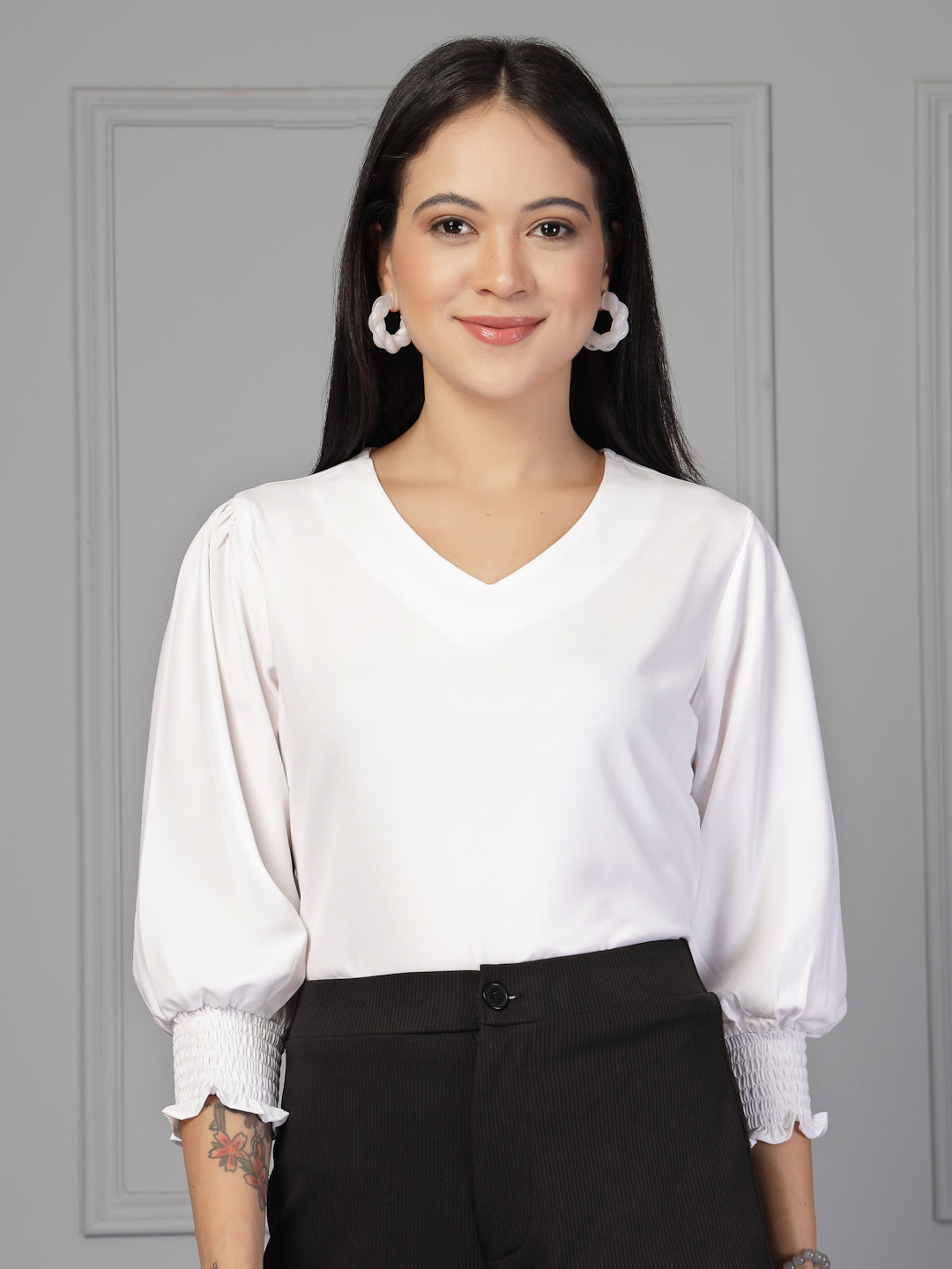 Style Quotient Women white polymoss top-Tops-StyleQuotient