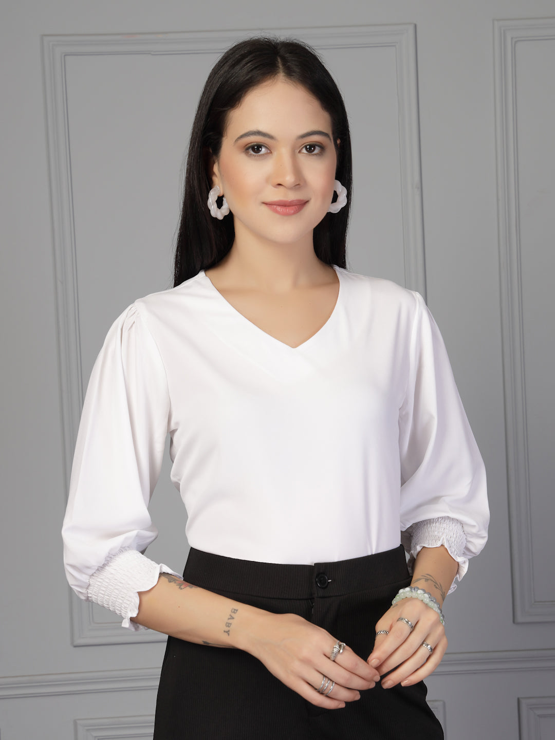 Style Quotient Women white polymoss top-Tops-StyleQuotient