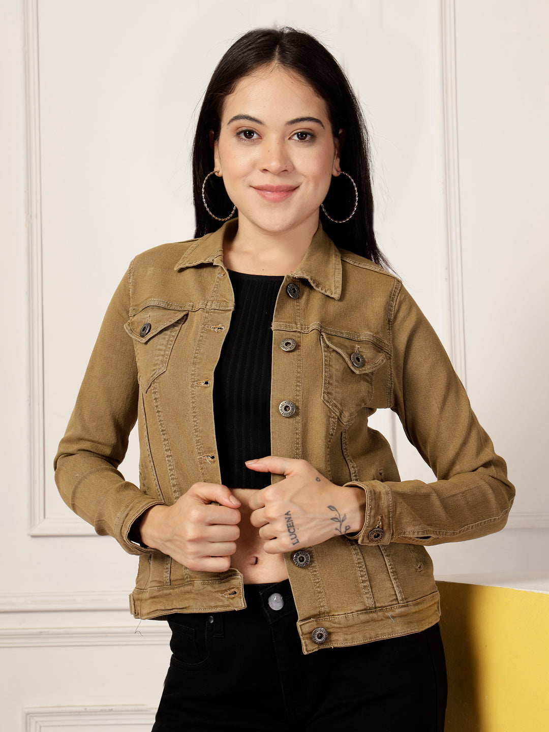 Style Quotient Women Khaki Solid Denim Jacket-Jackets-StyleQuotient