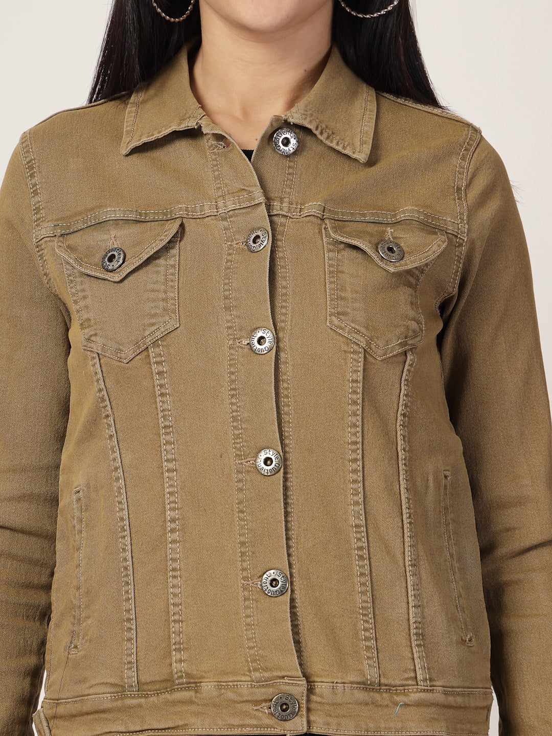 Style Quotient Women Khaki Solid Denim Jacket-Jackets-StyleQuotient