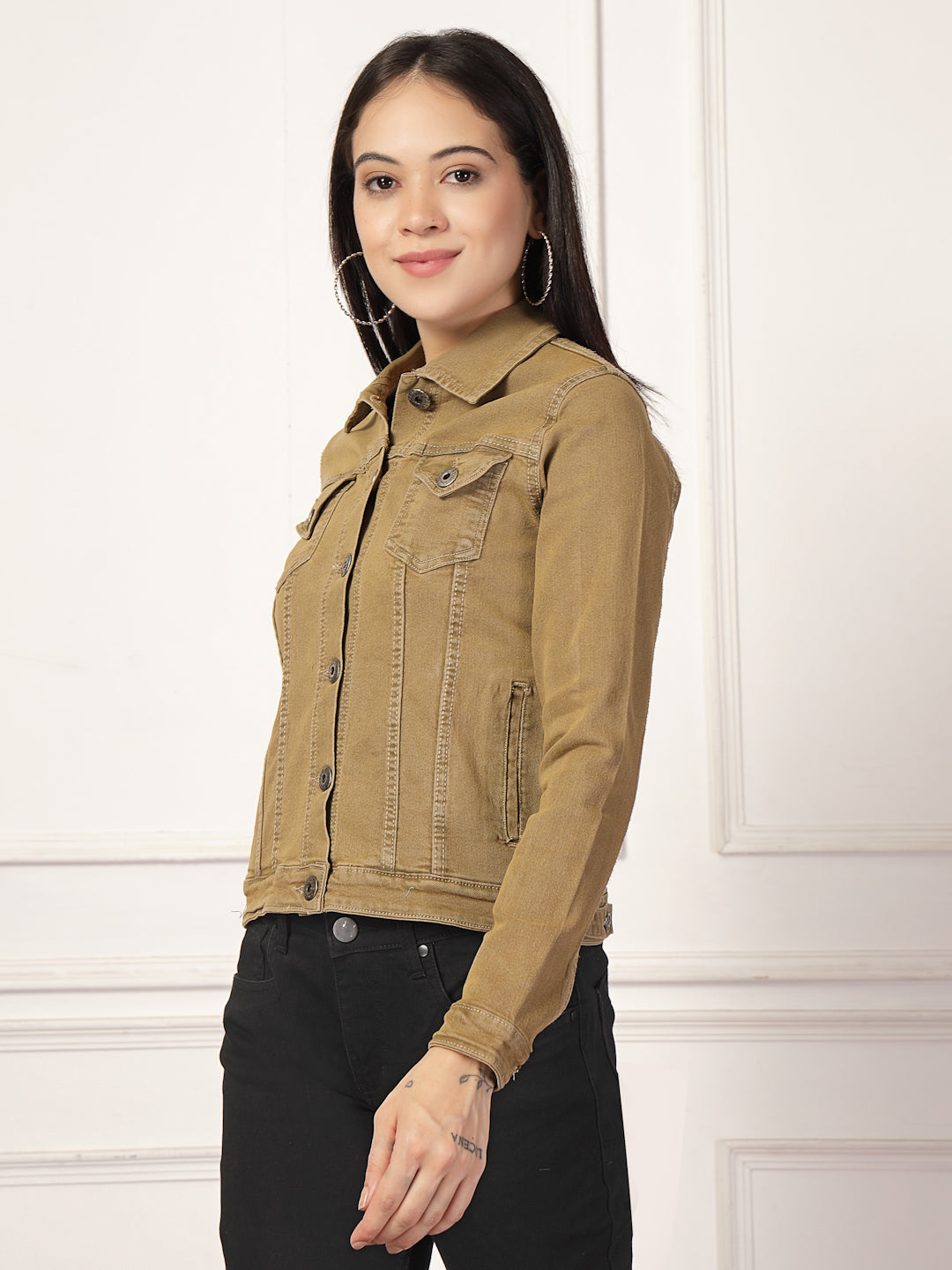 Style Quotient Women Khaki Solid Denim Jacket-Jackets-StyleQuotient