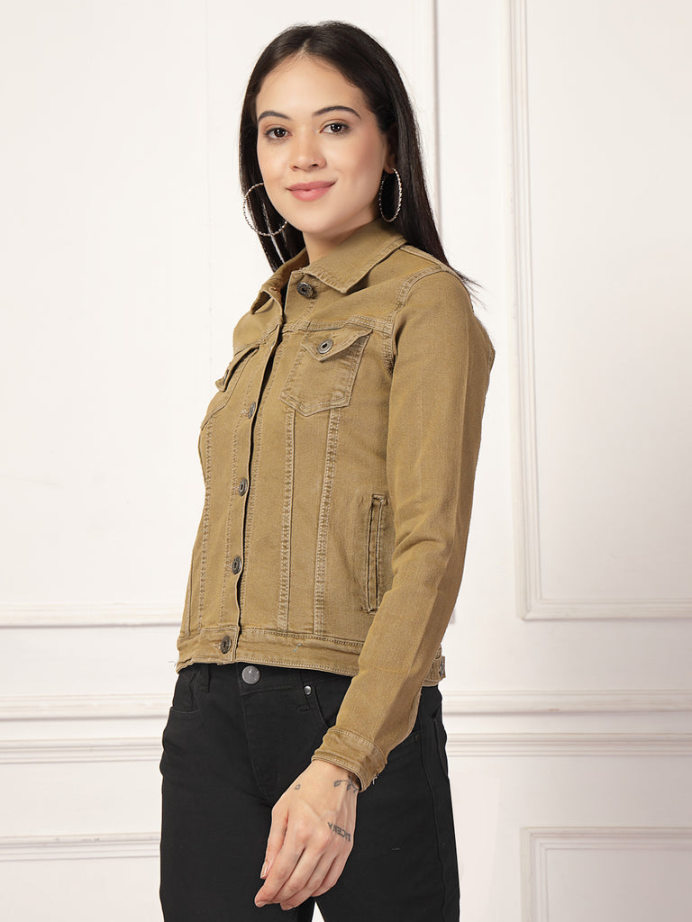 Style Quotient Women Khaki Solid Denim Jacket-Jackets-StyleQuotient