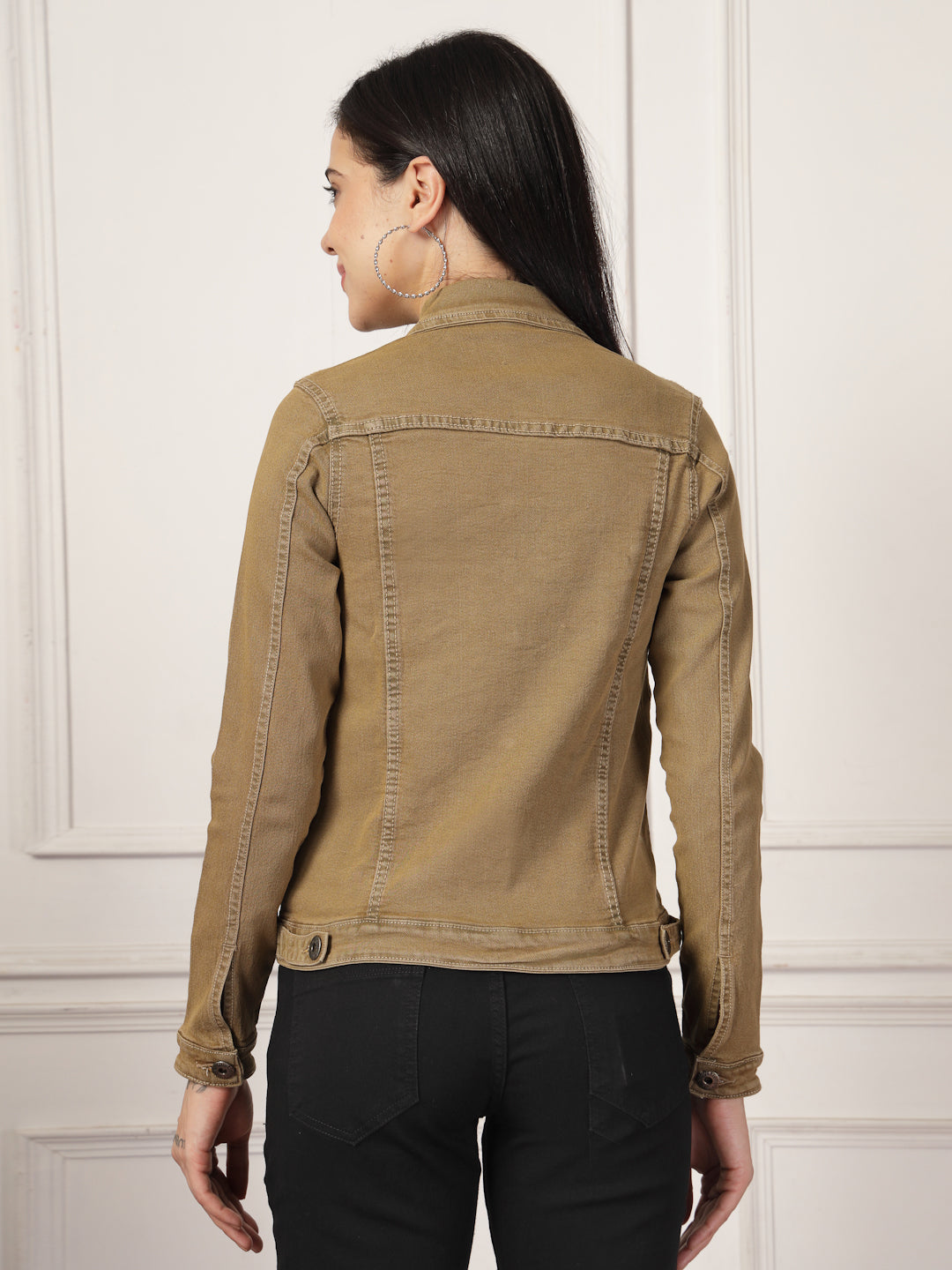 Style Quotient Women Khaki Solid Denim Jacket-Jackets-StyleQuotient