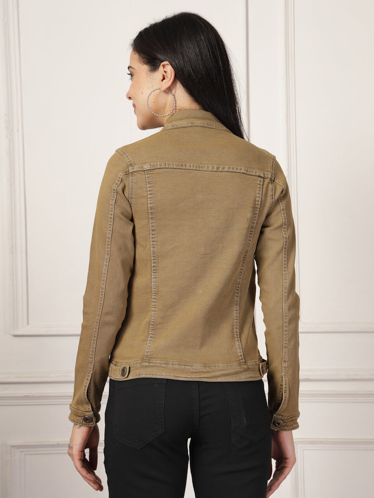 Style Quotient Women Khaki Solid Denim Jacket-Jackets-StyleQuotient