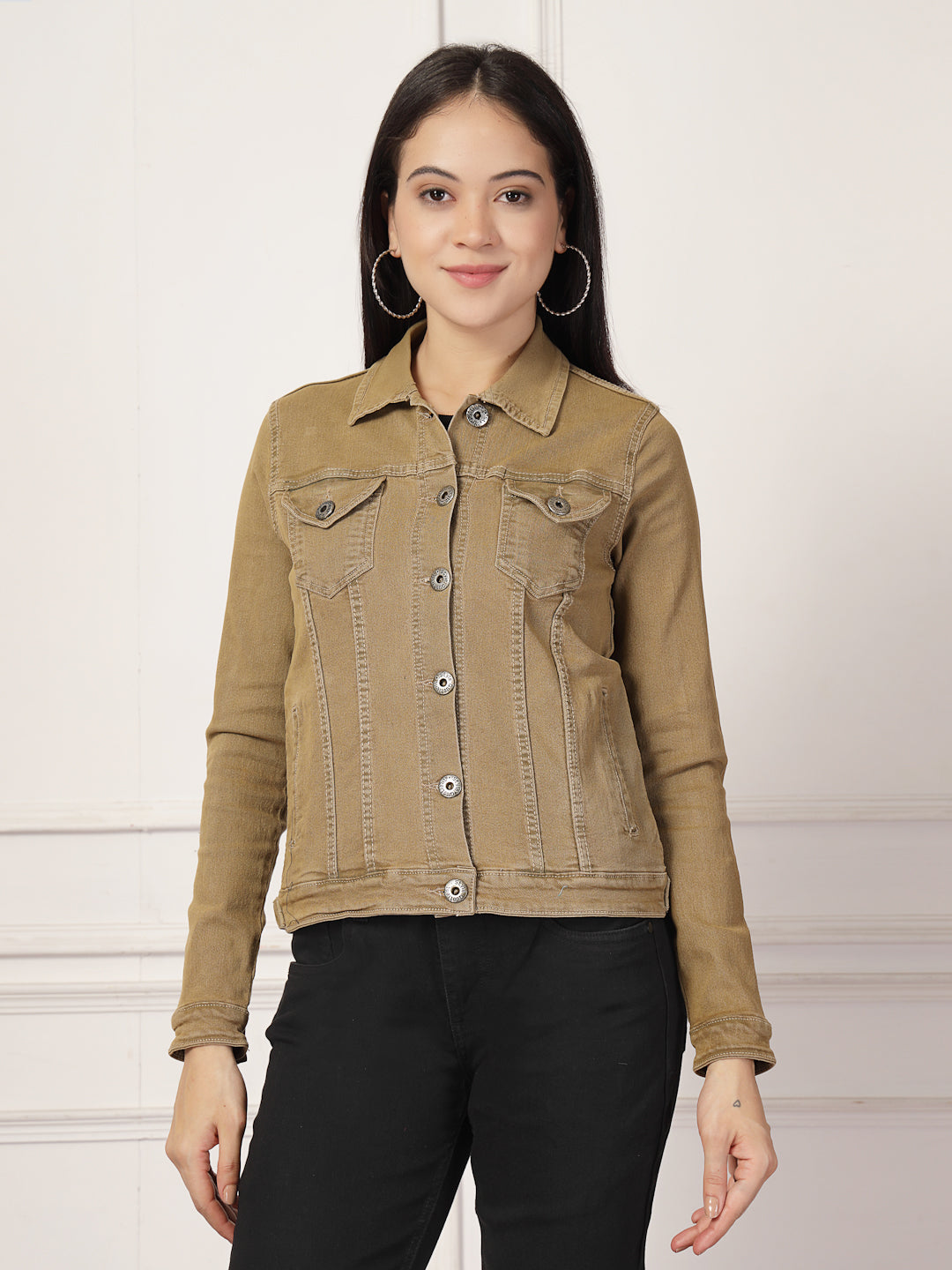 Style Quotient Women Khaki Solid Denim Jacket-Jackets-StyleQuotient