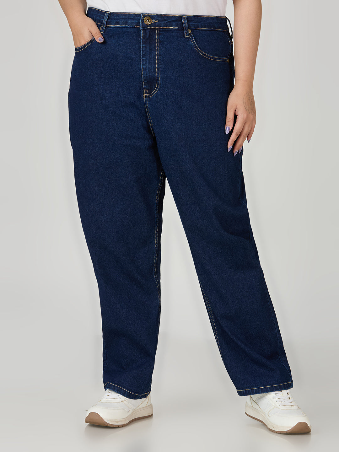 Style quotient women plus size dark blue straight fit high rise stretchable jeans-Jeans-StyleQuotient