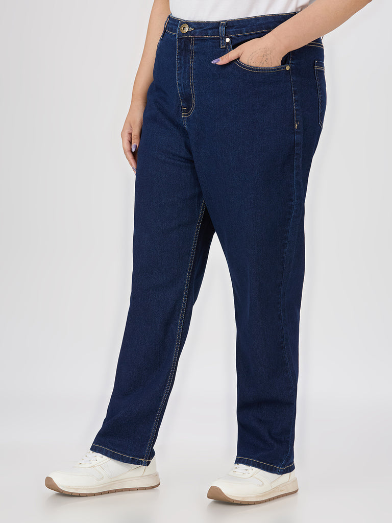 Style quotient women plus size dark blue straight fit high rise stretchable jeans-Jeans-StyleQuotient