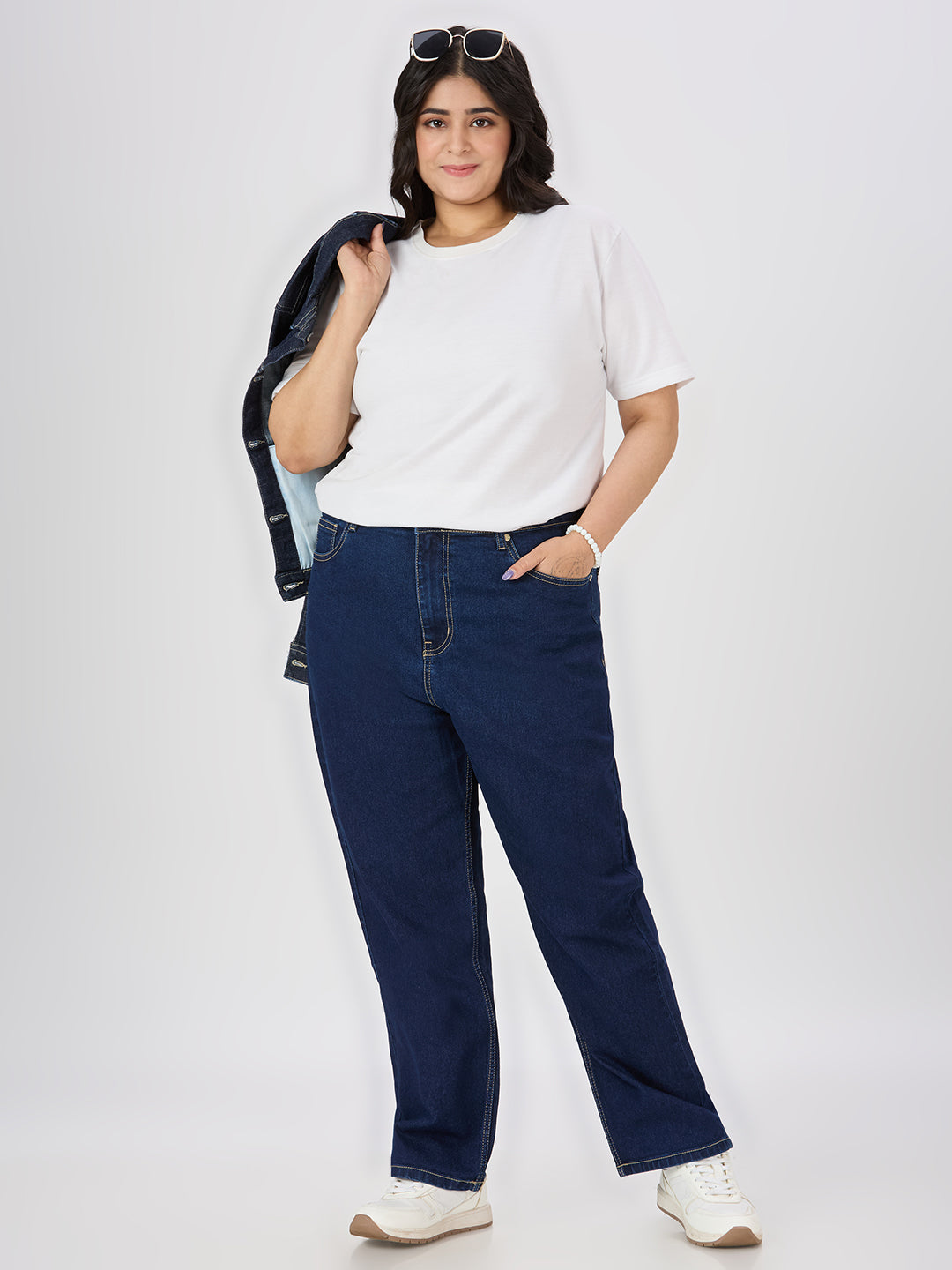 Style quotient women plus size dark blue straight fit high rise stretchable jeans-Jeans-StyleQuotient
