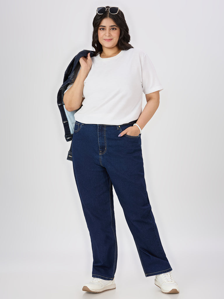 Style quotient women plus size dark blue straight fit high rise stretchable jeans-Jeans-StyleQuotient