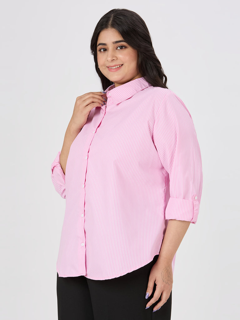 Style Quotient Plus Women Pink and White Stripe Polycotton Formal Shirt-Tops-StyleQuotient