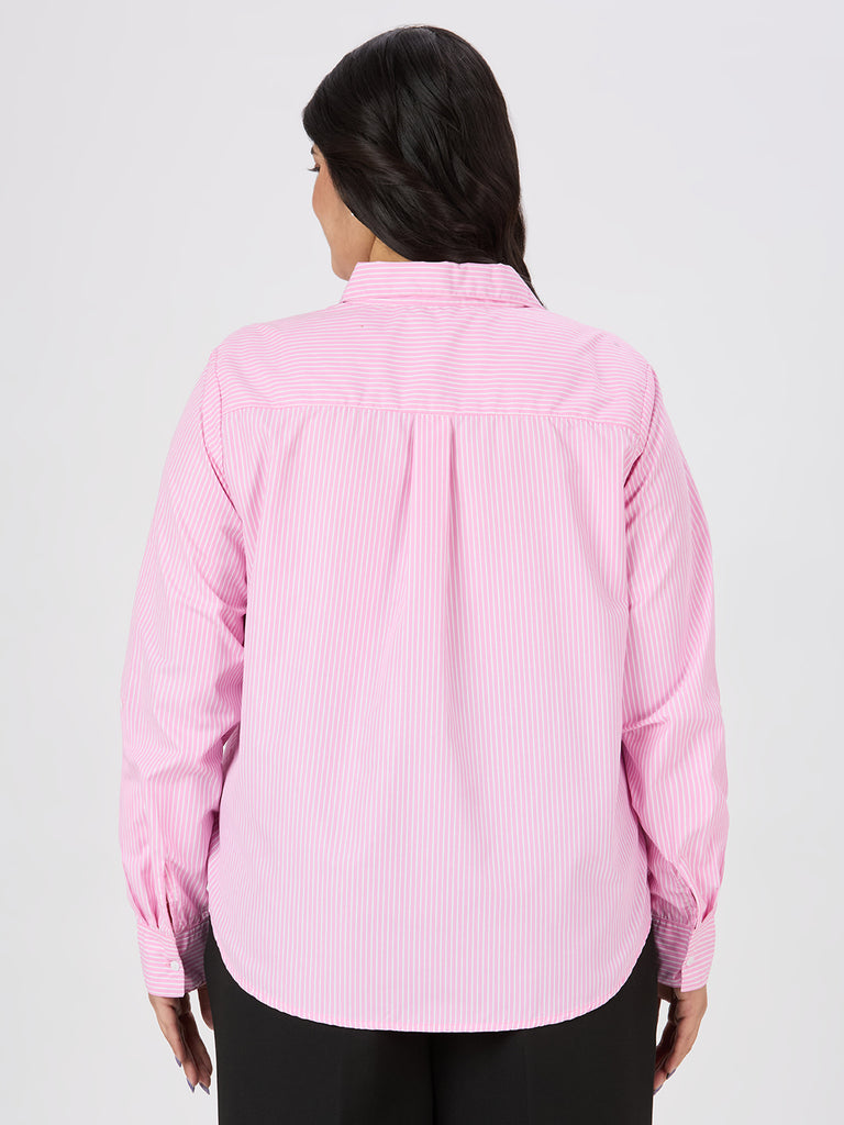Style Quotient Plus Women Pink and White Stripe Polycotton Formal Shirt-Tops-StyleQuotient
