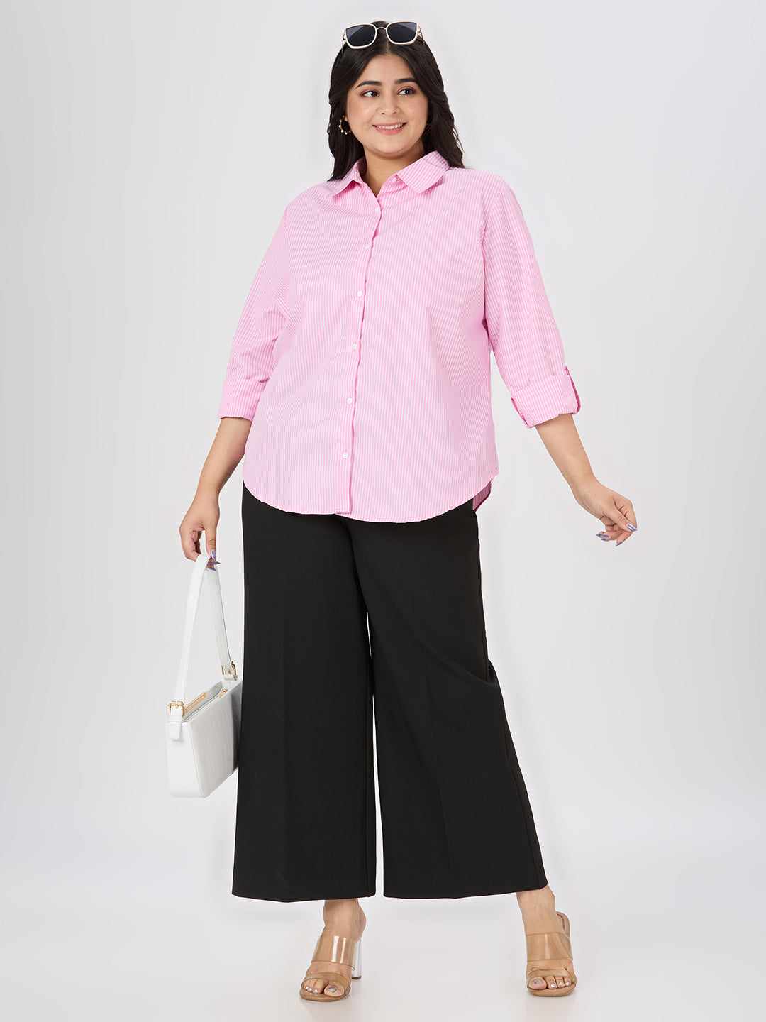 Style Quotient Plus Women Pink and White Stripe Polycotton Formal Shirt-Tops-StyleQuotient
