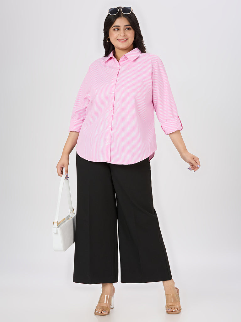 Style Quotient Plus Women Pink and White Stripe Polycotton Formal Shirt-Tops-StyleQuotient