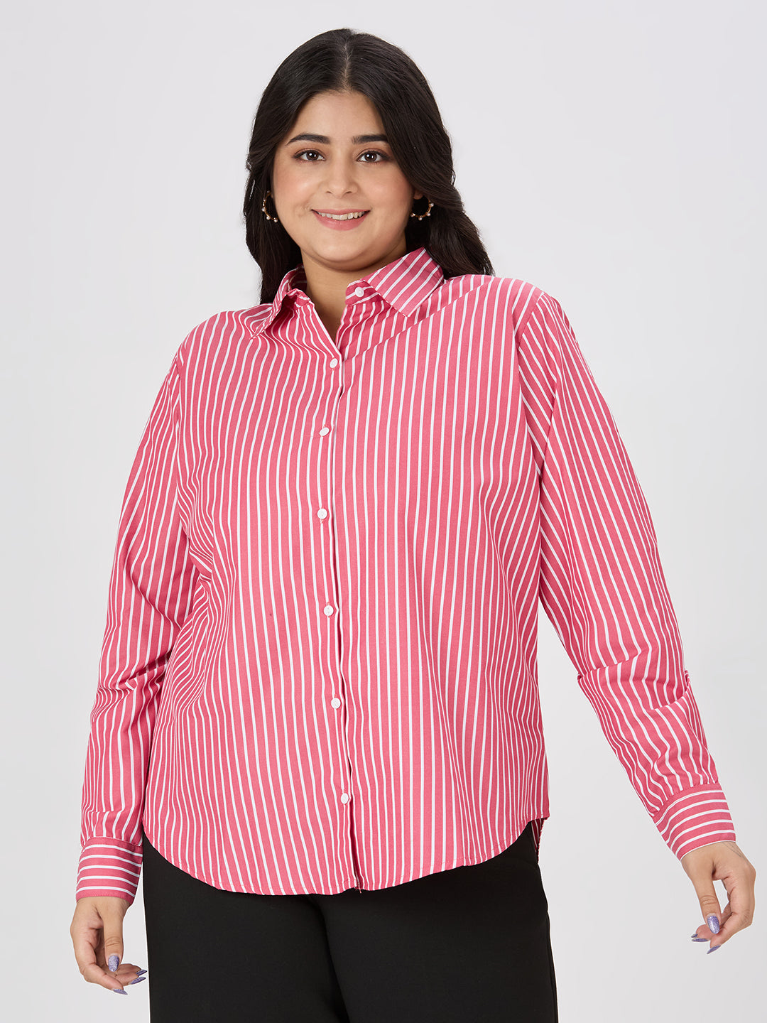 Style Quotient Plus Women Red and White Stripe Polycotton Formal Shirt-Shirts-StyleQuotient