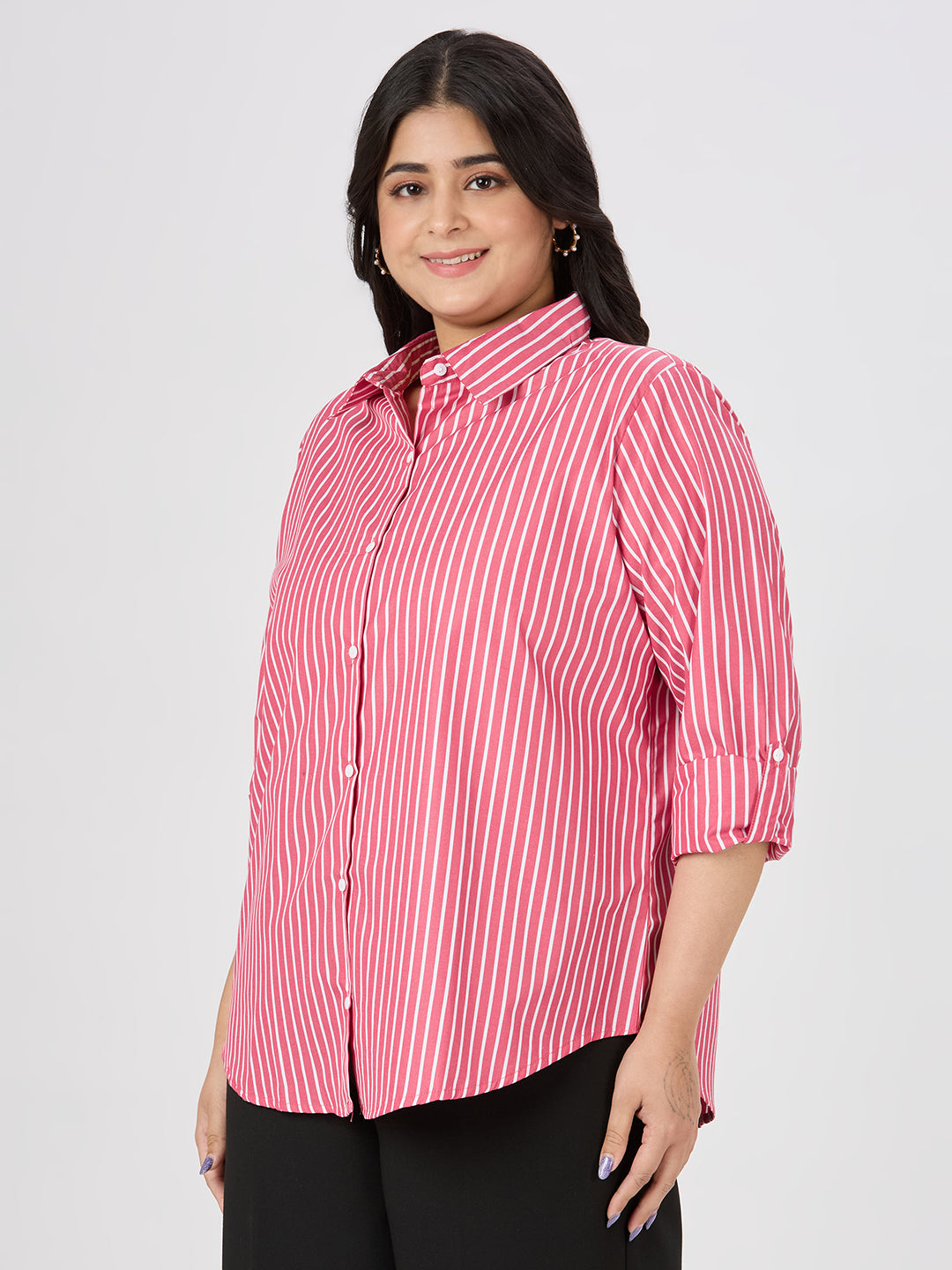 Style Quotient Plus Women Red and White Stripe Polycotton Formal Shirt-Shirts-StyleQuotient