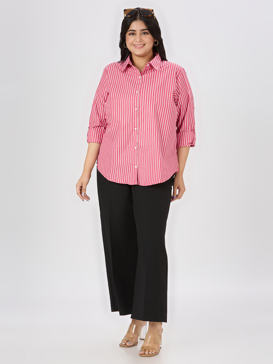 Style Quotient Plus Women Red and White Stripe Polycotton Formal Shirt-Shirts-StyleQuotient