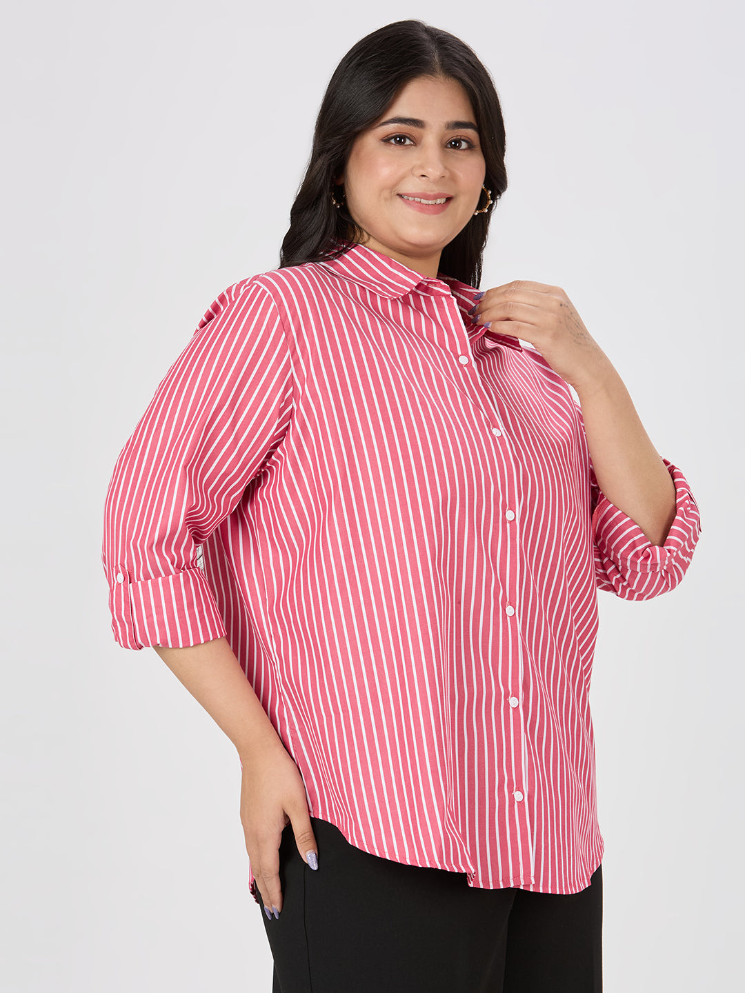Style Quotient Plus Women Red and White Stripe Polycotton Formal Shirt-Shirts-StyleQuotient