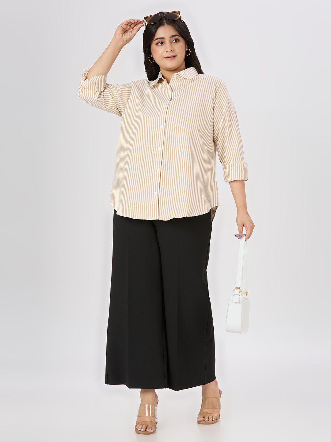 Style Quotient Women Tan White Polycotton Formal Shirt-Shirts-StyleQuotient