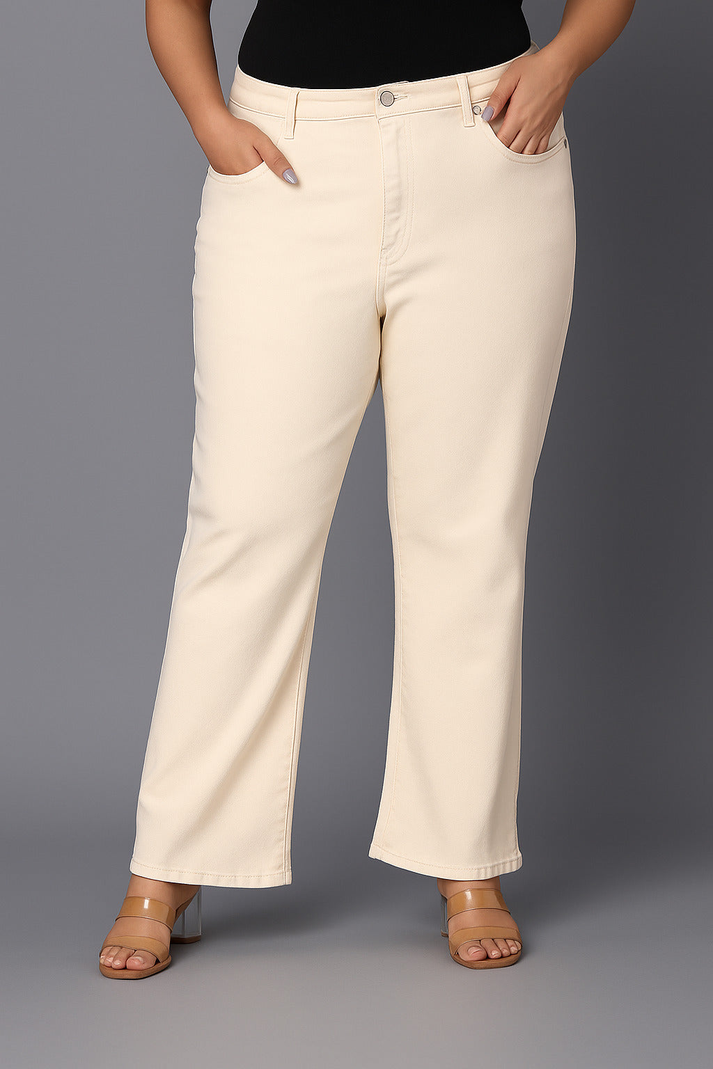 Style Quotient Women Plus Size Off White Boot Cut High Rise Stretchable Jeans-Jeans-StyleQuotient