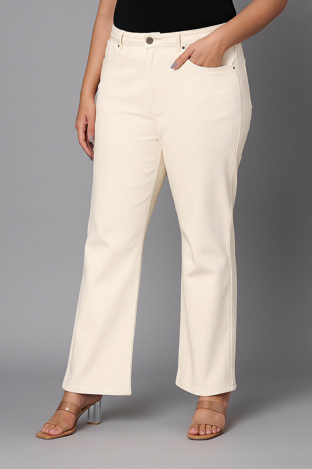 Style Quotient Women Plus Size Off White Boot Cut High Rise Stretchable Jeans-Jeans-StyleQuotient