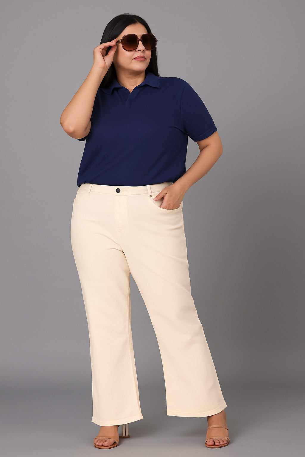 Style Quotient Women Plus Size Off White Boot Cut High Rise Stretchable Jeans-Jeans-StyleQuotient
