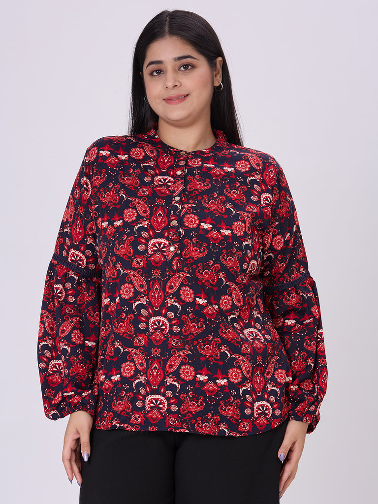 Style Quotient Women navy red floral top-Tops-StyleQuotient