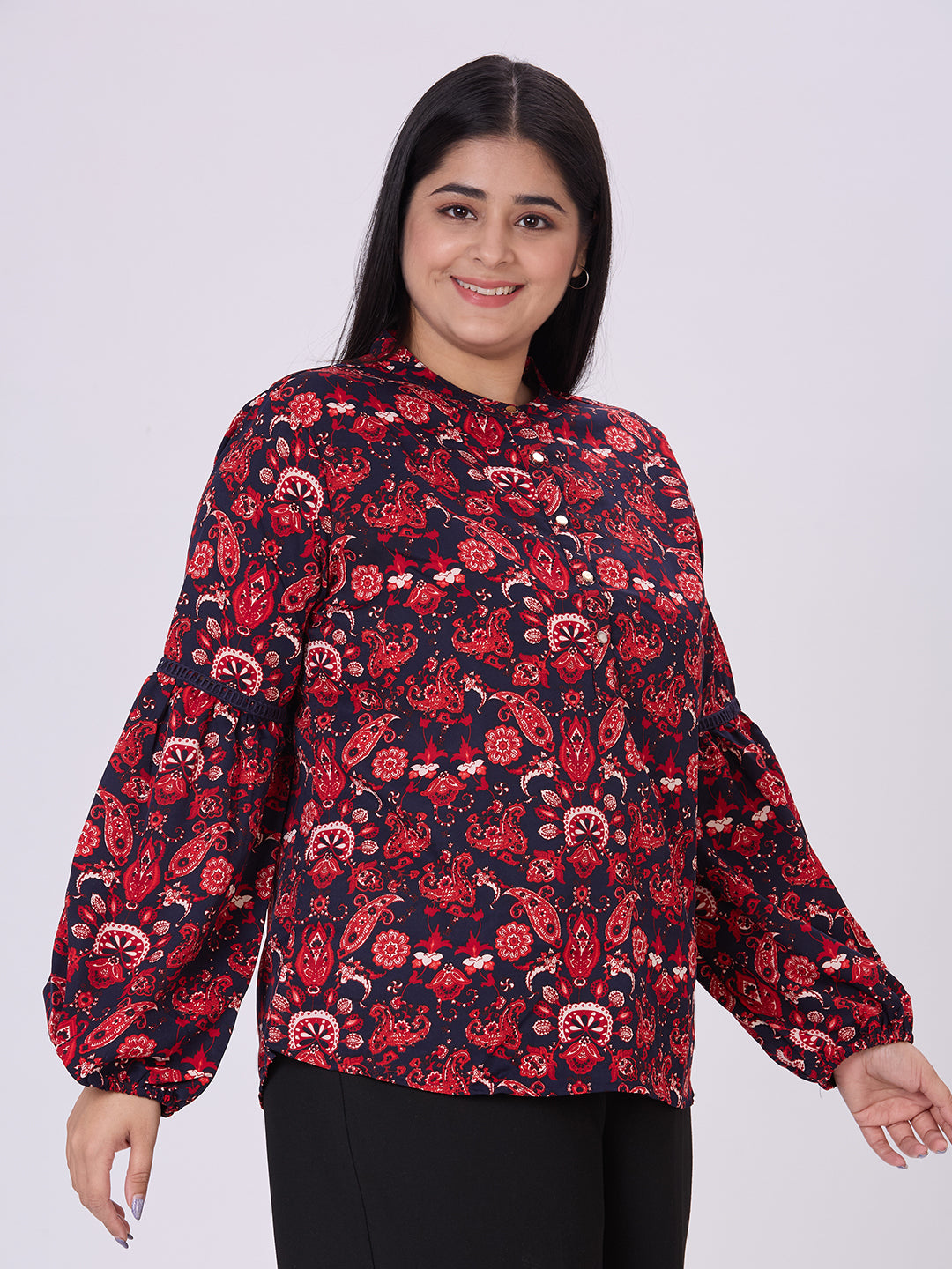 Style Quotient Women navy red floral top-Tops-StyleQuotient