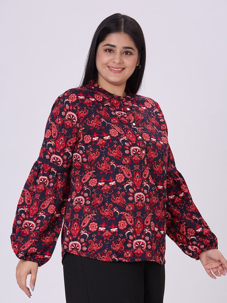 Style Quotient Women navy red floral top-Tops-StyleQuotient